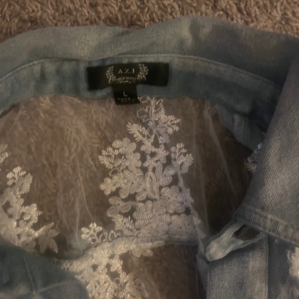 Azi New York Womens Lace Mesh Denim Jacket Light Wash Embroidered Floral Large - Picture 2 of 3